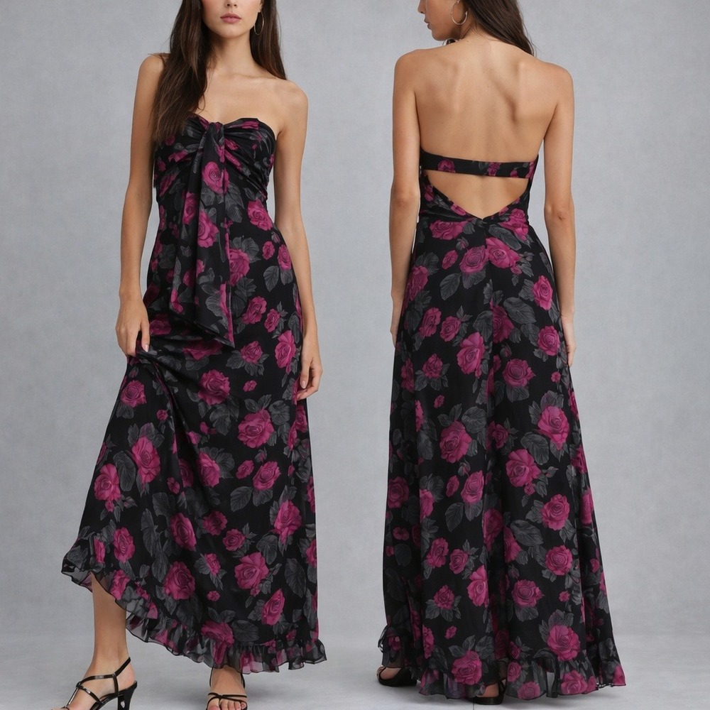 For Love & Lemons Black Maxi Dress with Magenta Rose Print